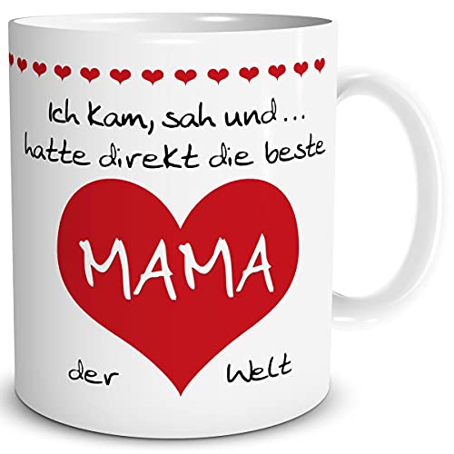 TRIOSK Tasse Herz mit Beste Mama der Welt Muttertagsgeschenk Spruch Ich kam sah und hatte Geschenk lustig für Muttertag Frauen Freundin Rot, Keramik 300ml von TRIOSK