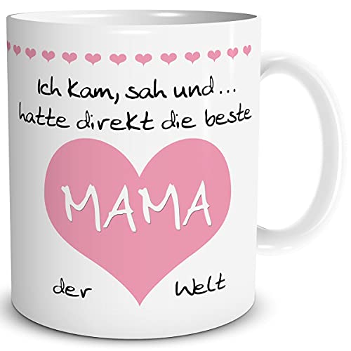 TRIOSK Tasse Beste Mama der Welt Herz mit Spruch Ich kam sah und hatte Geschenk lustig für Muttertag Frauen Freundin Mutter Geburtstag Weihnachten, Keramik 300ml Rosa von TRIOSK