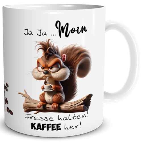 TRIOSK Tasse Morgenmuffel Eichhörnchen lustig mit Spruch Moin Fresse halten Kaffee her Spaß Kaffeemotiv Geschenk für Kaffeeliebhaber Frauen Männer Schlafmützen Kollegen Weiß, Keramik 300ml von TRIOSK