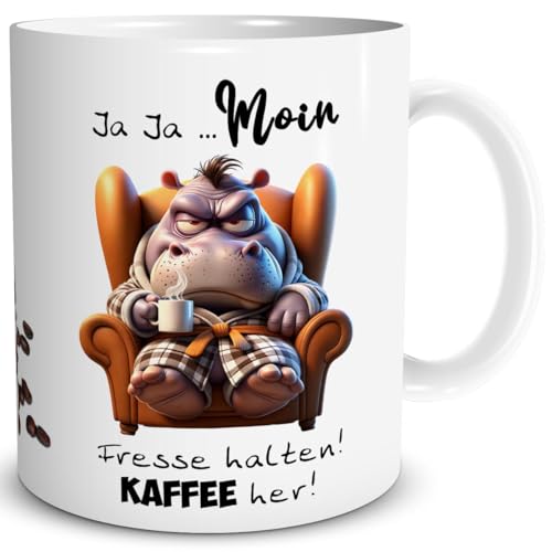 TRIOSK Tasse Morgenmuffel Nilpferd lustig mit Spruch Moin Fresse halten Kaffee her Spaß Kaffeemotiv Geschenk für Kaffeeliebhaber Frauen Männer Schlafmützen Kollegen Weiß, Keramik 300ml von TRIOSK