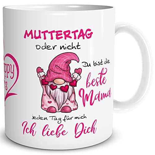TRIOSK Tasse Muttertag Zwerg mit Beste Mama Spruch lustig Muttertagsgeschenk Oder Ich liebe dich jeden Tag Geschenk für Frauen Freundin Mutter Geburtstag, Keramik 300ml von TRIOSK