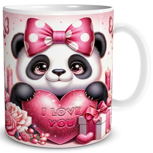 TRIOSK Tasse Valentinstag Panda Bär mit Herz I Love You Spruch Ich liebe Dich Geschenk Tierliebe für Sie Frauen Freundin Bärenliebhaber, Keramik 300ml von TRIOSK