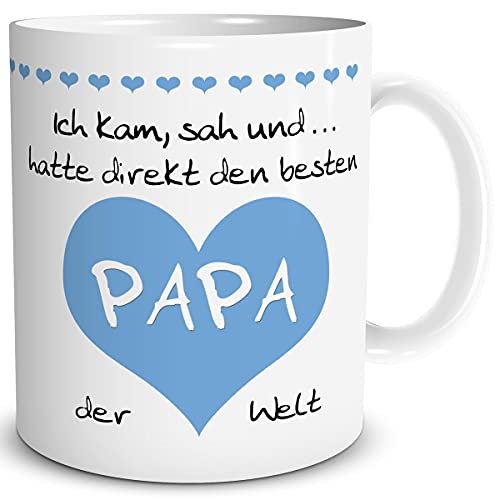 TRIOSK Tasse Herz mit Bester Papa der Welt Vatertagsgeschenk Spruch Ich kam sah und hatte Geschenk lustig für Vater Vatertag Geburtstag Hellblau, Keramik 300ml von TRIOSK