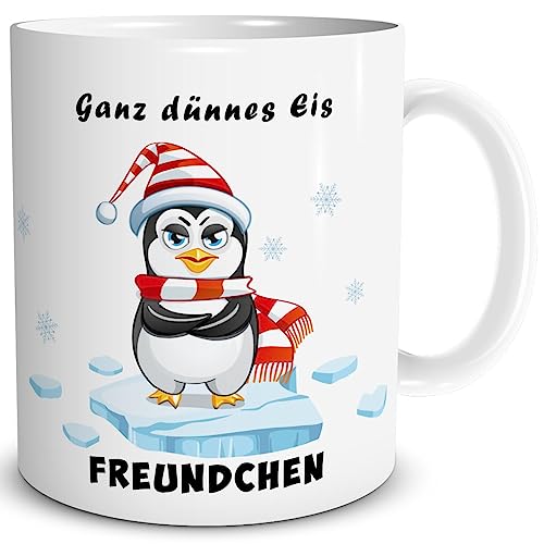 TRIOSK Tasse Pinguin mit Spruch Ganz dünnes Eis Freundchen Geschenk Spaßtasse lustig für Pinguinliebhaber Frauen Männer Büro Kollegen Weiß, Keramik 300ml von TRIOSK