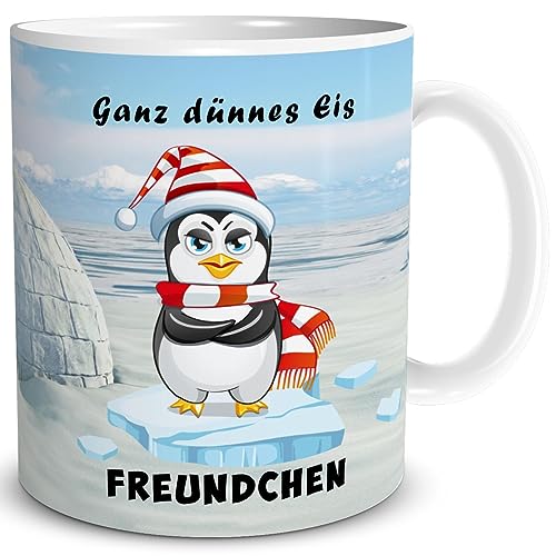 TRIOSK Tasse Pinguin mit Spruch Ganz dünnes Eis Freundchen Geschenk Spaßtasse lustig für Pinguinliebhaber Frauen Männer Büro Kollegen Blau, Keramik 300ml von TRIOSK