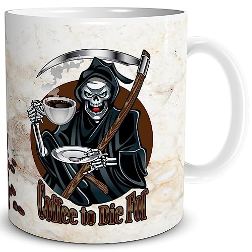 TRIOSK Tasse Sensenmann mit Kaffee Spruch lustig Sarkasmus Coffee Geschenk Spaßtasse für Arbeit Büro Kollegen Männer Frauen Kaffeeliebhaber, Keramik 300ml von TRIOSK