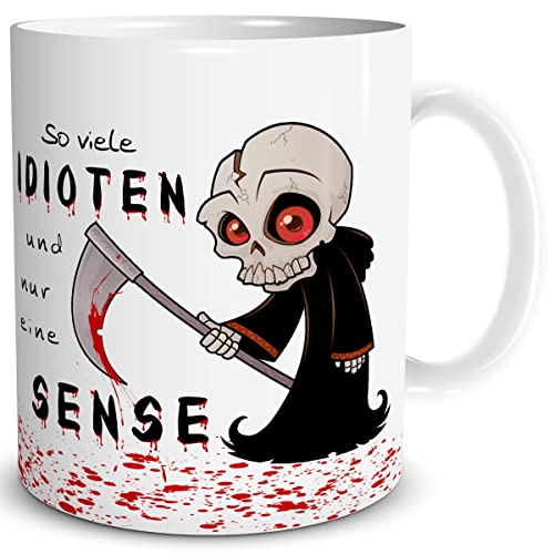 TRIOSK Tasse So viele Idioten und nur eine Sense mit Sensenmann Spruch lustig Fun Horror Geschenk für Arbeit Büro Kollegen Männer Frauen Weiß, Keramik 300ml von TRIOSK