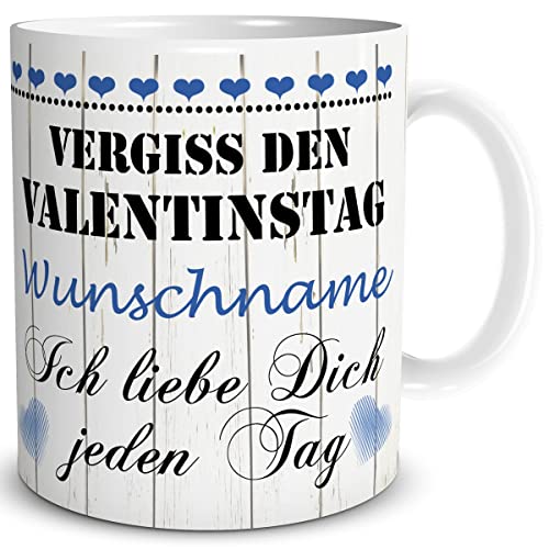 TRIOSK Tasse Vergiss den Valentinstag mit Namen personalisiert Spruch Ich liebe Dich Geschenk lustig für Sie Ihn Männer Frauen verliebte Paare Blau, Keramik 300ml von TRIOSK