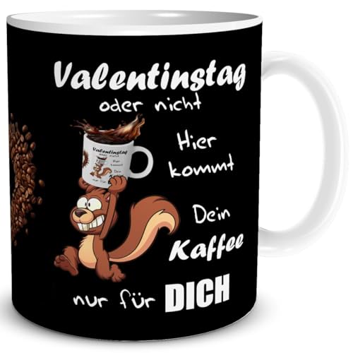 TRIOSK Tasse Valentinstag Eichhörnchen mit Spruch Kaffee Kommt Geschenk lustig für Sie Ihn Frauen Männer verliebte Paare Schwarz, Keramik 300ml von TRIOSK