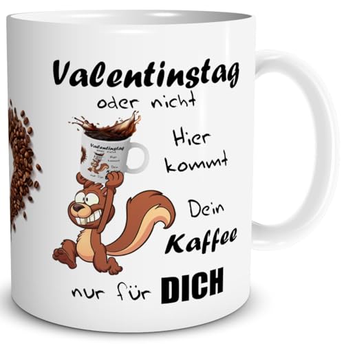 TRIOSK Tasse Valentinstag Eichhörnchen mit Spruch Kaffee Kommt Geschenk lustig für Sie Ihn Frauen Männer verliebte Paare Weiß, Keramik 300ml von TRIOSK