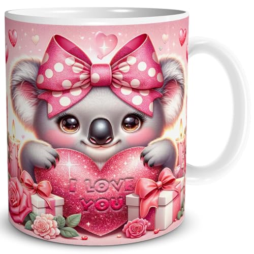 TRIOSK Tasse Valentinstag Koala Bär mit Herz I Love You Spruch Ich liebe Dich Geschenk Tierliebe für Sie Frauen Freundin Bärenliebhaber, Keramik 300ml von TRIOSK