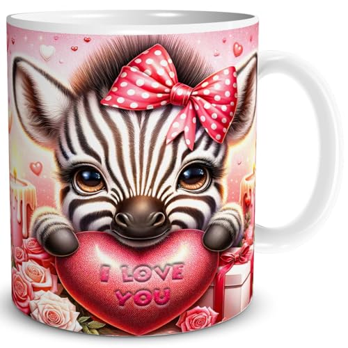 TRIOSK Tasse Valentinstag Zebra mit Herz I Love You Spruch Ich liebe Dich Geschenk Tierliebe für Sie Frauen Freundin Zebraliebhaber, Keramik 300ml von TRIOSK