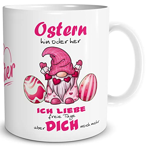 TRIOSK Tasse Zwerg Frohe Ostern Hin oder Her Ostergeschenke mit Oster Spruch lustig Ich liebe dich Geschenk für Frauen Freundin verliebte Paare, Keramik 300ml von TRIOSK