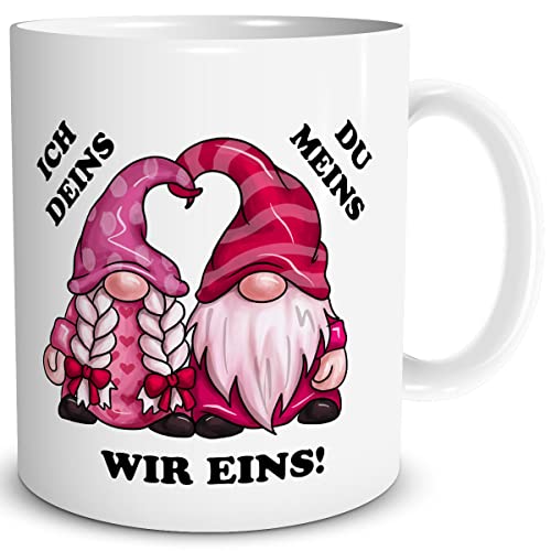 TRIOSK Tasse Zwerge mit Wichtel Spruch Ich Deins Du Meins Valentinstag Sprüche Geschenk lustig für Sie Ihn Männer Frauen verliebte Paare, Keramik 300ml von TRIOSK
