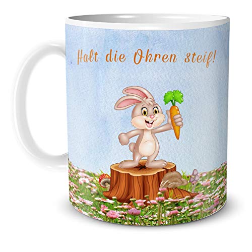 TRIOSK Teebecher Hase mit Spruch Halt die Ohren steif, Lustiges Geschenk für Freunde zu Ostern, Weiß Bunt, Keramik 330ml von TRIOSK