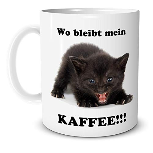 TRIOSK Teebecher Katze lustig mit Büro Spruch Wo bleibt Mein Kaffee Katzenmotiv Geschenk für Katzenliebhaber Frauen Freundin, Keramik 330ml von TRIOSK