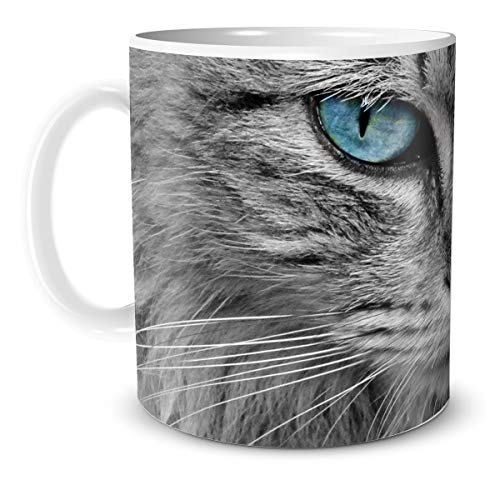 TRIOSK Teebecher Katze lustig mit Katzengesicht Blaue Augen Katzenmotiv Geschenk für Katzenliebhaber Frauen Freundin Mädchen, Keramik 330ml von TRIOSK