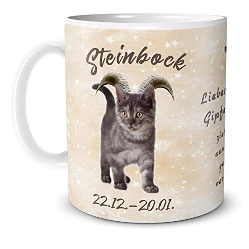 TRIOSK Teebecher Katze lustig mit Spruch Sternzeichen Steinbock Katzenmotiv Geschenk für Geburtstag Katzenliebhaber Frauen Freundin von TRIOSK