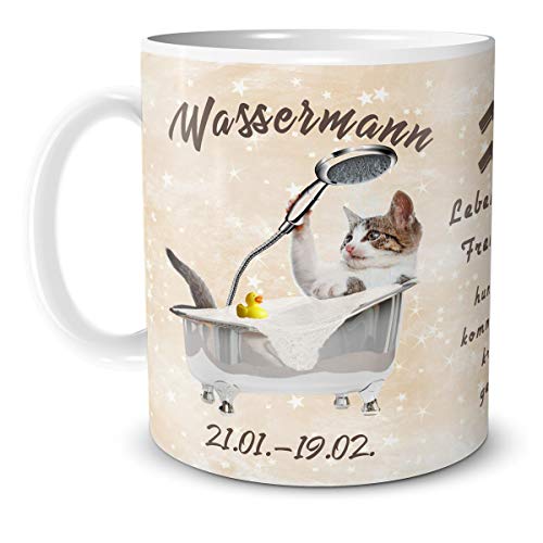 TRIOSK Teebecher Katze lustig mit Spruch Sternzeichen Wassermann Katzenmotiv Geschenk für Geburtstag Katzenliebhaber Frauen Freundin von TRIOSK
