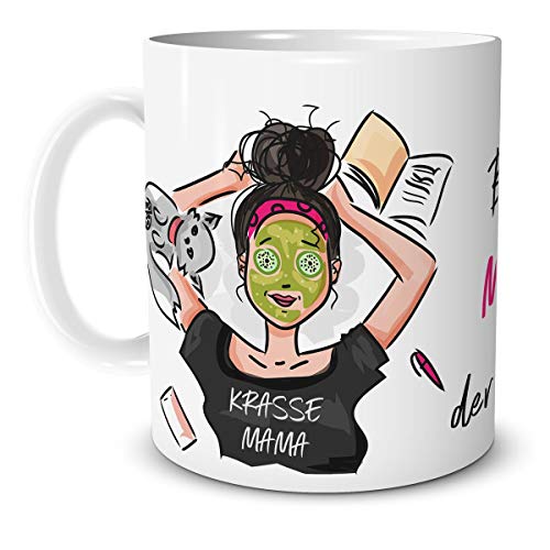 TRIOSK Teebecher Mama mit Spruch Lustig, Geschenk für Beste Mama der Welt Frauen Muttertag Geburtstag Freundin Schwanger Geburt, Weiß Bunt, 330 ml, Keramik 330ml von TRIOSK