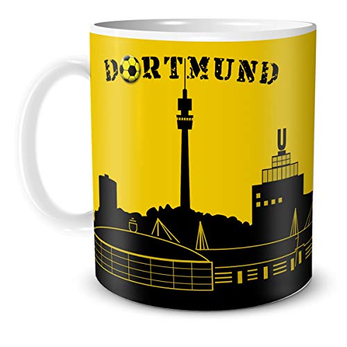 TRIOSK Teebecher Stadt Skyline mit Dortmund Spruch als Fußball Geschenk für Männer Freunde Kollegen Gelb Schwarz 330 ml von TRIOSK