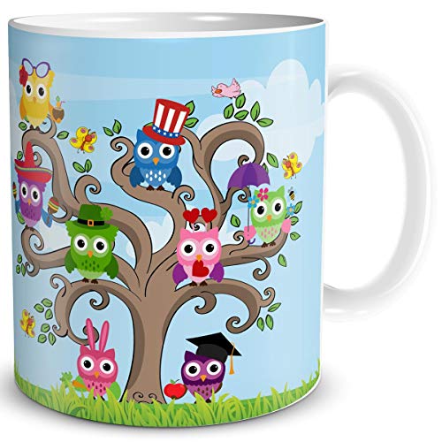 TRIOSK Tasse Eule lustig mit Eulenmotiv Eulen Baum Eulendesign Geschenk für Eulenliebhaber Frauen Mädchen Freundin Bunt von TRIOSK