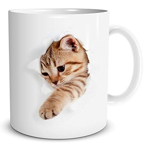 TRIOSK Katzen Tasse lustig mit Katzenmotiv Katze bricht durch Becher Geschenk für Katzenliebhaber Frauen Freundin Kollegin, Keramik 300ml von TRIOSK