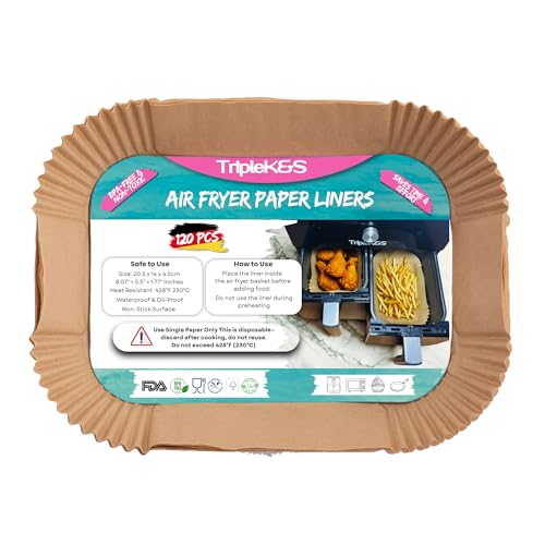 Triple k&s Airfryer Backpapier Kompatibel mit Ninja AF300EU AF400EU SL400EU AF500EU, Andere Heißluftfritteuse COSORI Philips Cecotec Midea Russell Hobbs Airfryer (120 Stücke 20.5x14m) von TRIPLE K&S