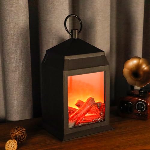 TRIROCKS 29cm Hoch Schwarz Flammenlos Kamin Laterne Led Flamme Log Effekt Rechteck Kamin Laterne Batteriebetriebene Feuer Flamme Lampe für Home Decor Indoor Weihnachten (Medium) von TRIROCKS