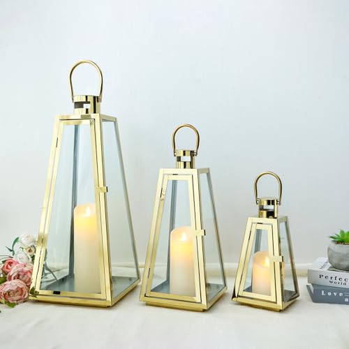 TRIROCKS 3er-Set Edelstahl Kerzenlaterne 54/40/27,5 cm Hoch Metall Kerzenhalter Für Draußen Dekorative Hängelaterne Mit Gehärtetem Glas Für Zuhause Wohnzimmer Partys Innen (Gold) von TRIROCKS