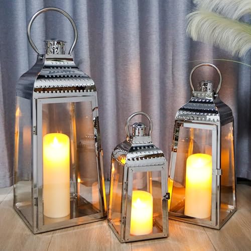 TRIROCKS 3er-Set Kerzenlaternen aus Edelstahl 52 cm & 41 cm & 30 cm Hoch Dekorative Kerzenhalter mit Gehärtetem Glas für Drinnen Draußen Veranda Garten Partys Hochzeiten Veranstaltungen (Silber) TRIROCKS 3er-Set Kerzenlaternen aus Edelstahl 52 cm & 41 cm & 30 cm Hoch Dekorative Kerzenhalter mit Gehärtetem Glas für Drinnen Draußen Veranda Garten Partys Hochzeiten Veranstaltungen (Silber) von TRIROCKS