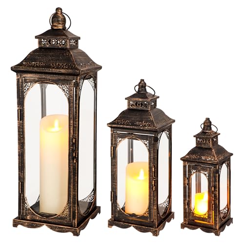 TRIROCKS 3er Set Vintage Kerzenlaternen 26/35/50cm H Dekorative Metall Kerzenständer Halter mit Gehärtetem Glas für Zuhause Wohnzimmer Garten Hof Partys Event Indoor Outdoor (Schwarz) von TRIROCKS