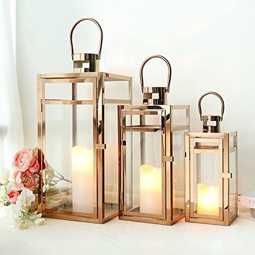 TRIROCKS 3er-Set Edelstahl Kerzenlaterne 48 cm 38 cm 30 cm Hoch Metall Kerzenhalter Mit Klaren Glasscheiben Für Heimdekoration Wohnzimmer Partys Drinnen Draußen (Roségold) TRIROCKS 3er-Set Edelstahl Kerzenlaterne 48 cm 38 cm 30 cm Hoch Metall Kerzenhalter Mit Klaren Glasscheiben Für Heimdekoration Wohnzimmer Partys Drinnen Draußen (Roségold) von TRIROCKS