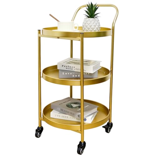 TRIROCKS 78 cm Hoher 3 Ebenen Rollwagen Barwagen Stabile Aufbewahrung Küchenwagen Metall Servierwagen mit Rädern Feststellbaren Rollen für den Einsatz in der Küche zu Hause Unterhaltungszwecke (Gold) von TRIROCKS