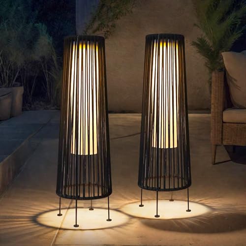 TRIROCKS Außenstehlampe, 2-Teilige Solarbetriebene Laterne, Geflochtene Solar-Terrassenlampe mit Olifen-Seil, Wasserdichtes Rattan-Solar-Decklicht für Terrasse, Garten, Rasen, Hof (Schwarz) von TRIROCKS