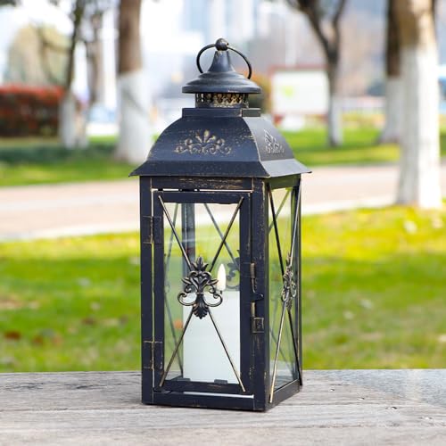 TRIROCKS Dekorative Hängelaterne 34 cm hoch Vintage Metall Kerzenständer mit gehärtetem Glas Perfekt für Wohnzimmer Garten Hof Patio Partys Veranstaltungen drinnen draußen (Schwarz) von TRIROCKS