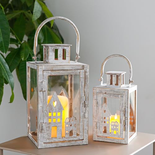 TRIROCKS Dekorative Kerzenlaterne 27,5 cm & 19,5 cm Vintage Metall-Kerzenhalter 2er Set für Garten, Wohnzimmer, Innen & Außen (Grau mit Goldpinsel) von TRIROCKS