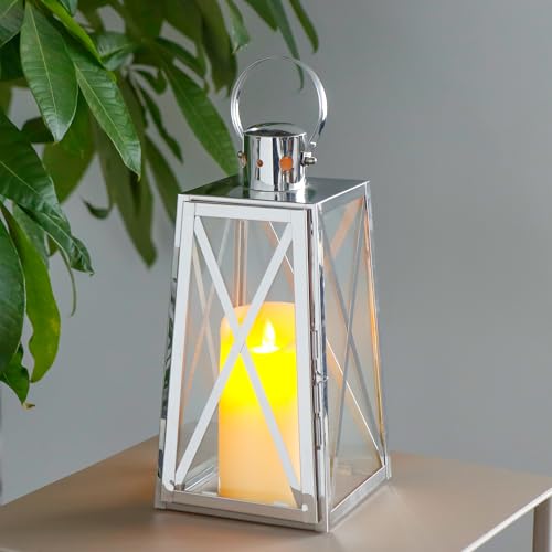 TRIROCKS Edelstahl Dekorative Laterne 30 cm hoher Metall Kerzenhalter mit klaren Glasscheiben Perfekt für Wohnkultur Wohnzimmer Partys Events Tischplatte drinnen draußen (Silber) von TRIROCKS
