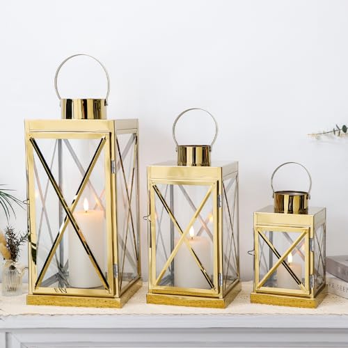 TRIROCKS Gold Edelstahl-Laternen-Set Mit 3 Quadratischen Elegance-Kerzenlaternen Aus Opulentem Metall Mit Griffschlaufe Und Klaren Glasscheiben Für Die Außendekoration, Feierlichkeiten (Gold) von TRIROCKS