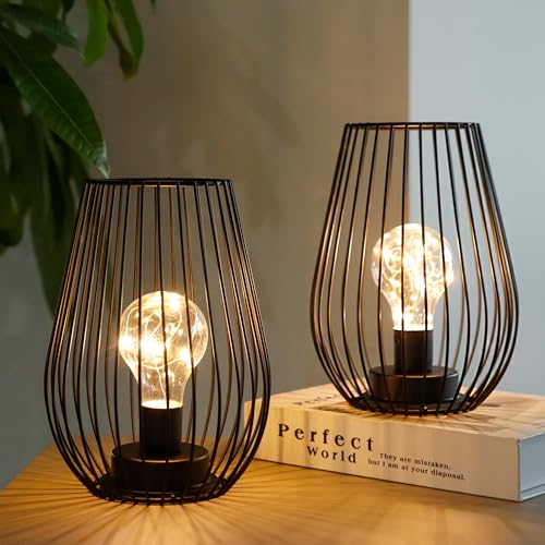 TRIROCKS Kabellose Tischlampe aus Metall 20 cm Hoch 2er-Set Käfigförmige Batteriebetriebene Lampe mit Lichterkette für den Innen- und Außenbereich für den Weihnachtsgarten Hochzeiten(Schwarz 2er-Set) von TRIROCKS