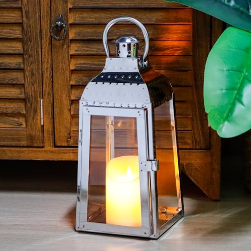 TRIROCKS Kerzenlaternen aus Edelstahl 30 cm hoch Dekorative Kerzenhalter mit Gehärtetem Glas für Drinnen und Draußen Veranda Garten Partys Hochzeiten und Veranstaltungen (Silber) von TRIROCKS