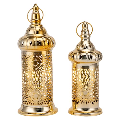 TRIROCKS Ramadan 2er-Set 32 cm & 25 cm Goldene Elektrische Kerzenhalter Mit Timer Dekorative Vintage-Laternen Aus Metall Für Innen- Und Außendekoration von TRIROCKS