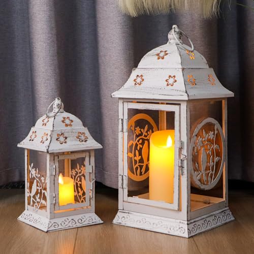 TRIROCKS Satz von 2 rustikalen Vogel Metall Kerze Laternen 37cm & 23cm H Vintage dekorative hängende Kerzenhalter für Garten Hof Patio Hochzeit Parteien Veranstaltungen drinnen im Freien (Weiß) von TRIROCKS