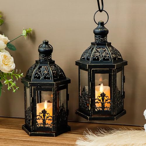 TRIROCKS Set mit 2 Dekorativen Hängenden Laternen 24cm Hoch Kerzenhalter aus Metall mit gehärtetem Glas für Heimdekoration Gartenveranstaltungen Hochzeiten Drinnen Draußen (Schwarz mit Goldbürste) TRIROCKS Set mit 2 Dekorativen Hängenden Laternen 24cm Hoch Kerzenhalter aus Metall mit gehärtetem Glas für Heimdekoration Gartenveranstaltungen Hochzeiten Drinnen Draußen (Schwarz mit Goldbürste) von TRIROCKS