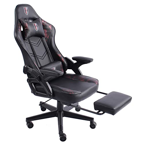 Gaming Stuhl im modernen Racing-Design mit ausziehbarer Fußstütze Gaming Chair mit verstellbaren Design Armlehnen ergonomischer Schreibtischstuhl mit extra Stützkissen, Farbe:Schwarz/Military -Rosa von TRISENS