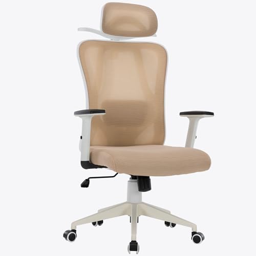 TRISENS Bürostuhl mit platzsparendem Kleiderbügel - ergonomischer Schreibtischstuhl mit Nacken- und Lordosenstütze - komfortabler Gamingstuhl mit Netzrückenlehne und Wippfunktion, Farbe:Weiß/Taupe von TRISENS