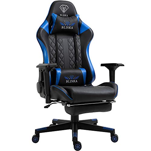 TRISENS Gaming Stuhl mit Fußstütze und ergonomsichen 4D-Armlehnen - Gaming Chair in Sportsitz Optik - Gamer Stuhl mit verstellbaren Rückenstützkissen für gesündere Sitzhaltung, Farbe:Schwarz/Blau von TRISENS