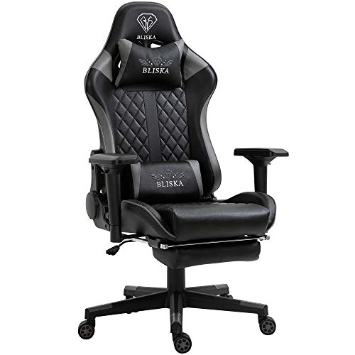 TRISENS Gaming Stuhl mit Fußstütze und ergonomsichen 4D-Armlehnen - Gaming Chair in Sportsitz Optik - Gamer Stuhl mit verstellbaren Rückenstützkissen für gesündere Sitzhaltung, Farbe:Schwarz/Grau von TRISENS
