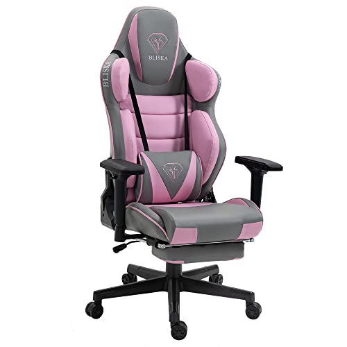 TRISENS Gaming Stuhl mit Fußstütze und ergonomsichen 4D-Armlehnen Gaming Chair in ergonomischer Sportsitz Optik Gamer Stuhl mit verstellbaren Rückenstützkissen Bürostuhl, Farbe:Hellgrau/Rosa von TRISENS