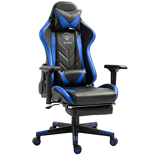 TRISENS Gaming Stuhl mit Fußstütze und ergonomsichen 4D-Armlehnen Gaming Chair in ergonomischer Sportsitz Optik Gamer Stuhl mit verstellbaren Rückenstützkissen Bürostuhl, Farbe:Schwarz/Blau von TRISENS